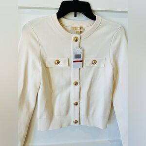 Michael Kors Stretch Knit Cardigan in white with gold-tone buttons. Size XS